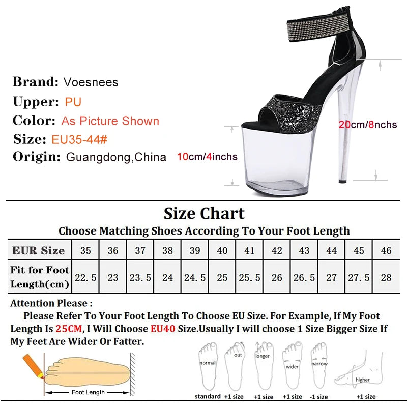 20cm/8inchs High-heeled Sandals Women's Summer Strap Thin Heel Black Sandals Stripper Pole Dance Dress Models Nightclub Shoes