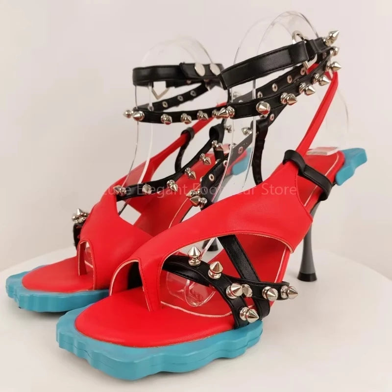 Patchwork Rivets Flower Sole Stiletto Sandals Women Open Toe Buckle Strap High Heels Fashion Trendy Party Catwalk Ladies Shoes