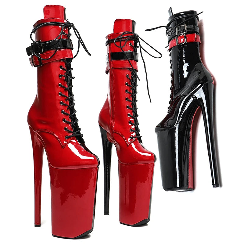 Leecabe  26CM/10inches  Black with white color  patent PU sexy exotic High Heel platform party shoes Pole Dance boot