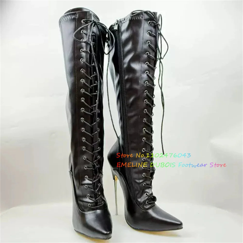 18cm Heel Stiletto Women Knee High Boots Patent Leather Pole Dancing Side Zip Lace Up Metal High Heel Sexy Knee High Boot