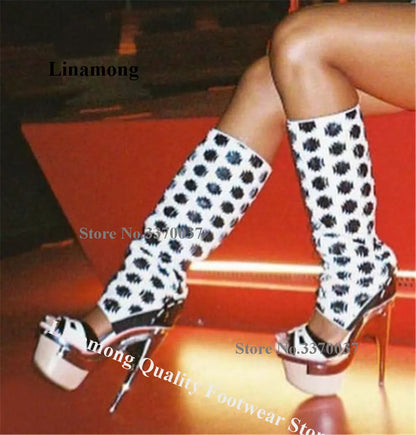 Linamong Sexy Printed Leather High Platform Thin Heel Knee High Boots Patchwork Cut-out Stiletto Gladiator Long Boots