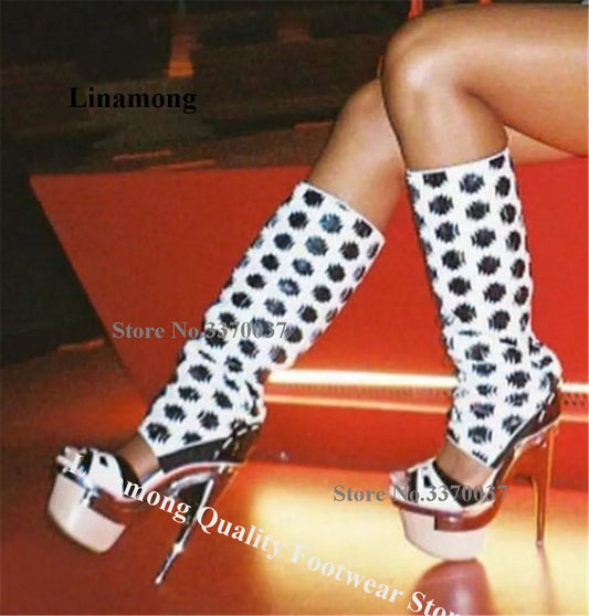 Linamong Sexy Printed Leather High Platform Thin Heel Knee High Boots Patchwork Cut-out Stiletto Gladiator Long Boots