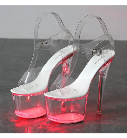 17CM Mclubgirl 34-43 New Heels Nightclub High Heels Shoes Luminous Sandals Shoes Catwalk Pole Dancing Shoes Crystal Bottom LFD
