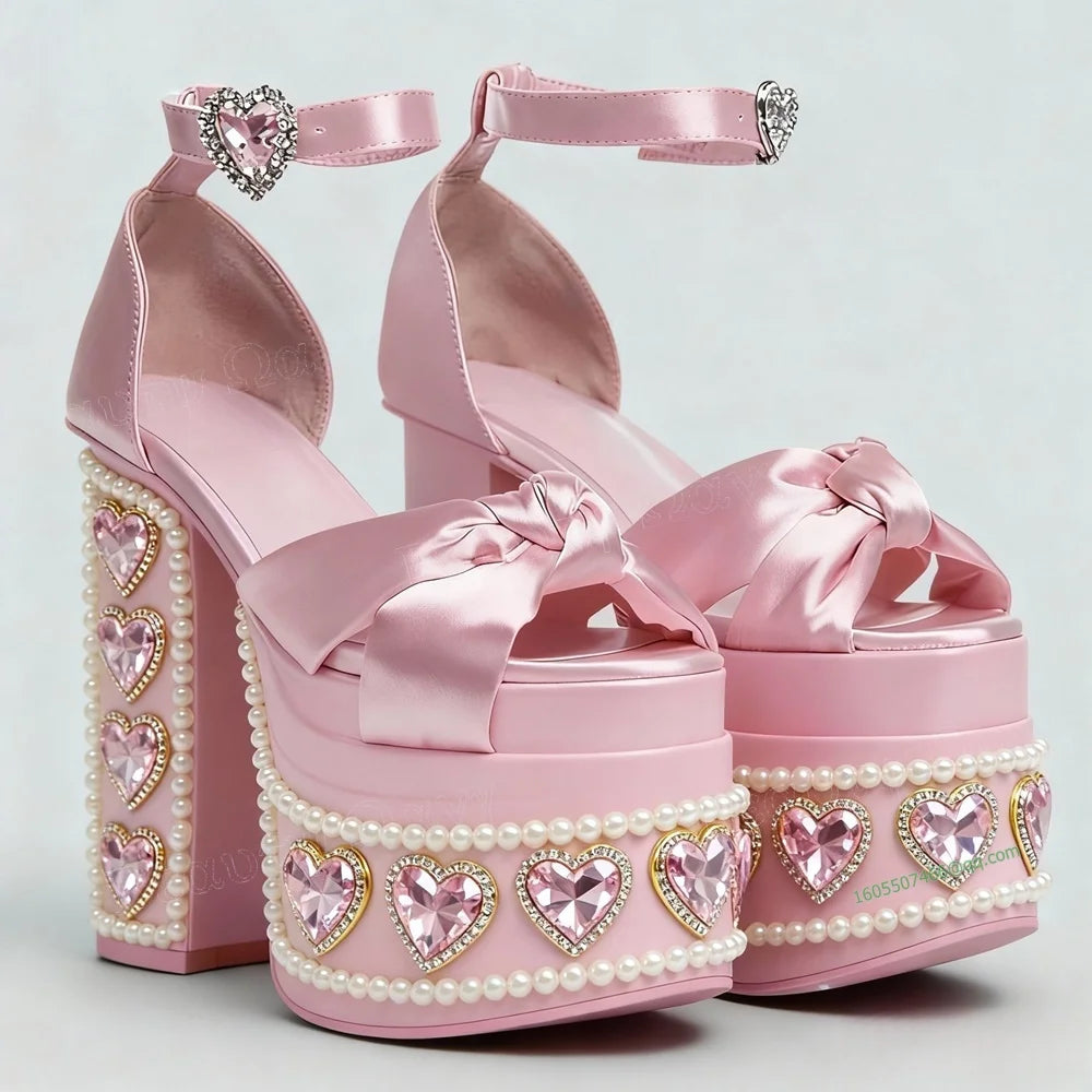 Pink Crystal Heart Decor Platform Pumps Pearl Decor Chunky Heel Round Toe High Shoes for Women Heels Shoes Zapatos Para Mujere