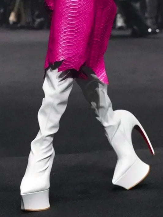 White Leather Knee Platform Boots Pointy Toe New Arrivals 2026 Winter Autumn Women Runway Dress Shoes Zipper Customized Shoes