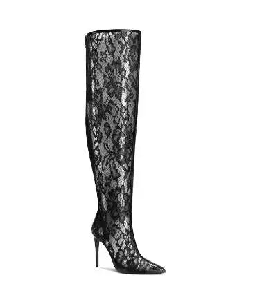 Summer Woman Black Blue Red Lace Clear PVC Air Mesh Pointed Toe 10 12 CM Thin Heels Over The Knee Boots Female Sexy Thigh Boots