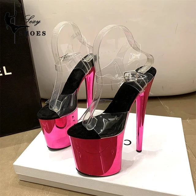 2023 Electroplated Stiletto Heels 8 inch/20cm High Heel Sandals Women Transparent Pole Dancing Sandals for Models Stripper Pumps