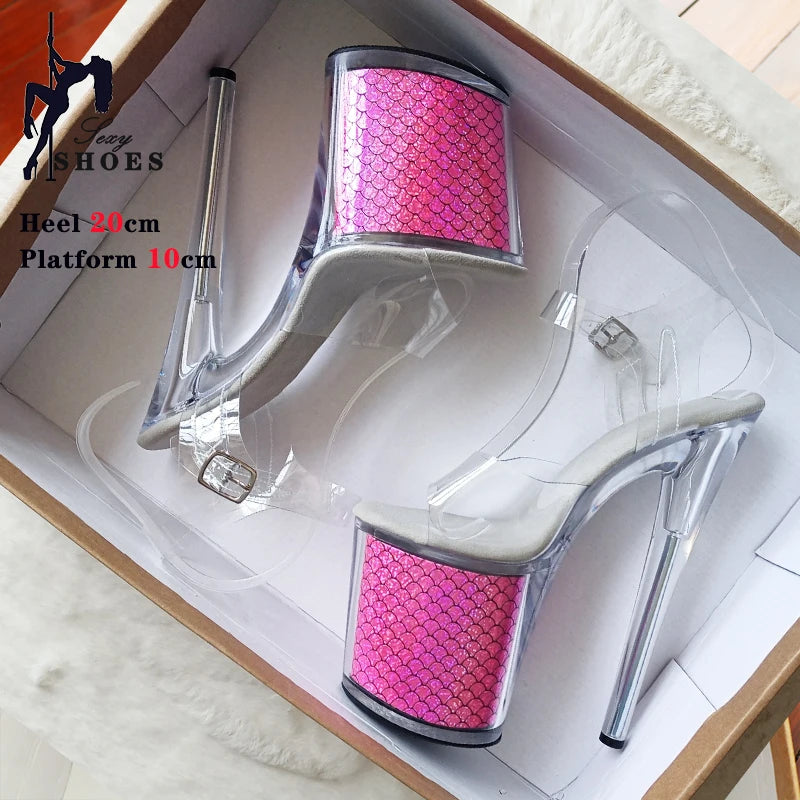 Colorful Fish Scale Pole Dancing Shoes Open Toe Crystal Platform High Heels Sexy 17CM 20CM Sandals Women Party Stripper Shoes