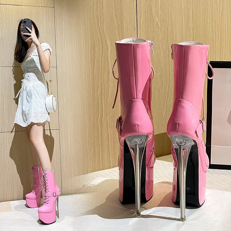 19CM Metal Thin High Heels 7CM Women Platform Short Boots Plus Size Nightclub Queen Shoes Pink Steel Pole Dancing Ankle Boots