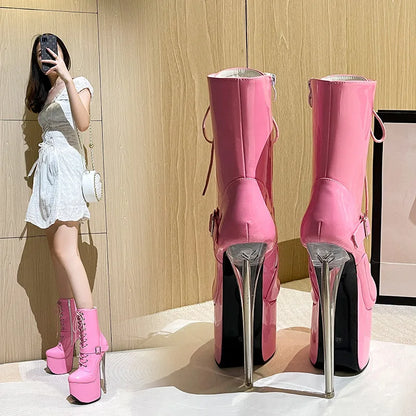 19CM Metal Thin High Heels 7CM Women Platform Short Boots Plus Size Nightclub Queen Shoes Pink Steel Pole Dancing Ankle Boots
