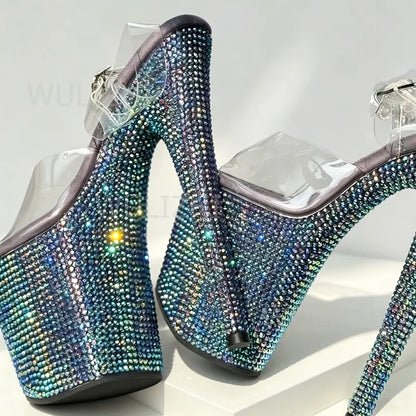 Rose Pink Crystal Diamond Sandals Sparkling Women Blue Jewel Green Yellow Custom Buckle Heels 17cm 7 Inch Open Pole Dancing Shoe