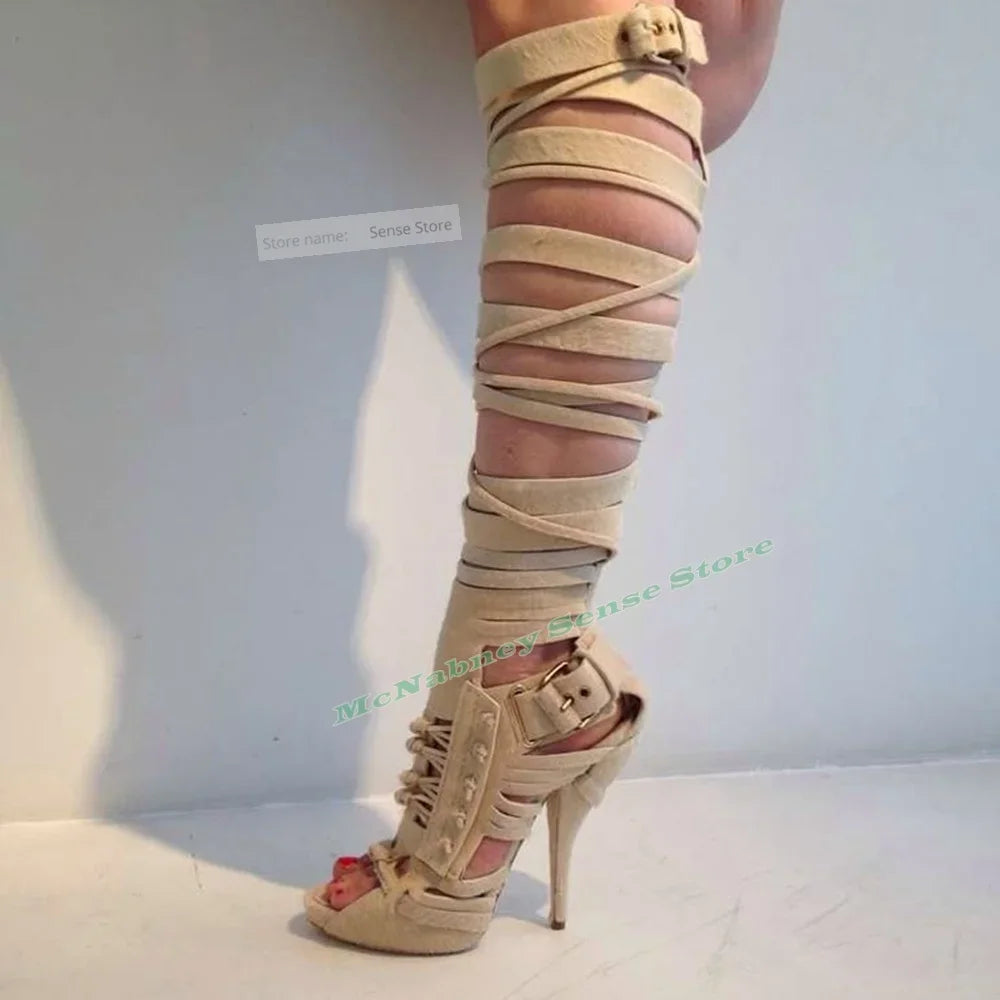 Straps Hollow Leather Sandals Open Tos Solid Stiletto Heels Knee High Sandals Boots Zipper Women Sexy Shoes Summer Party Design