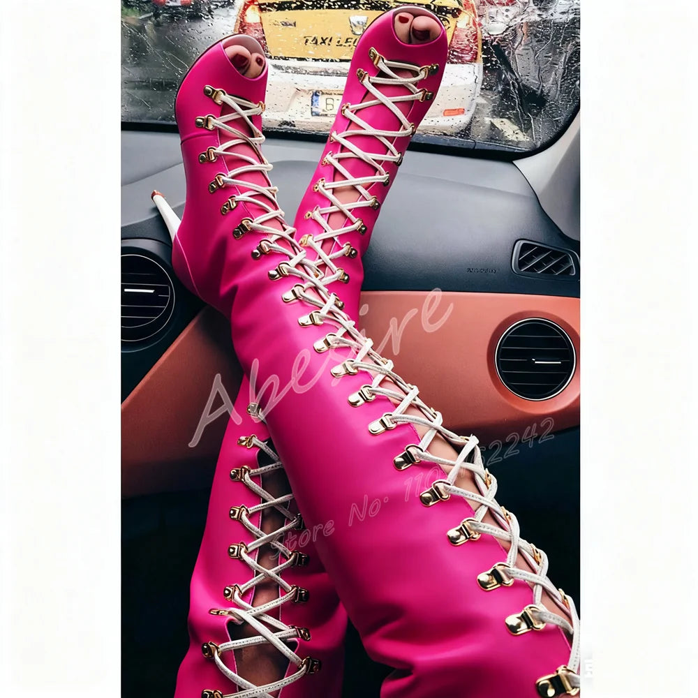 Women'S White Hollow Open Toe Sandals Boots Stiletto Cross Strap Wedding Over-The-Knee Boots Elegant Party Dress High Heels 46