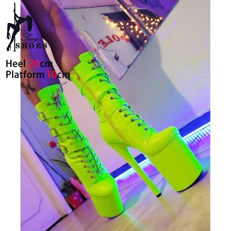 Fluorescent Green Fashionable Women ANKLE Boots Round Toe Side ZIP Short Boots Pole Dance Shoes Platform Heels Three Belt Buck