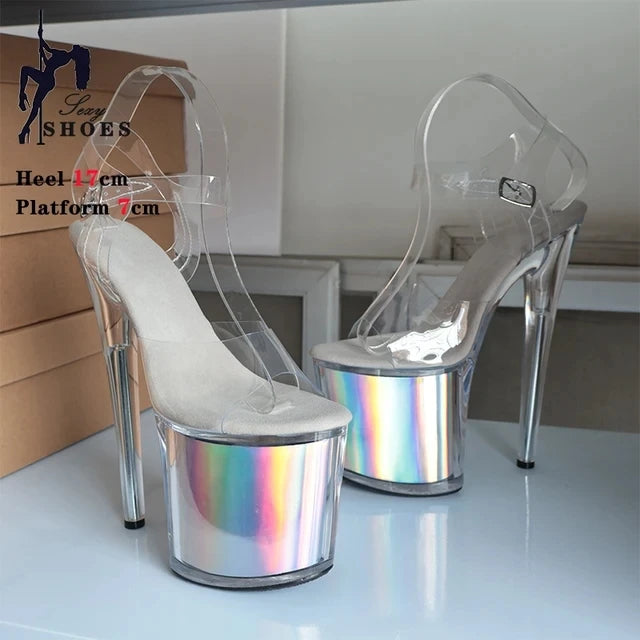 High-quality 17CM/7inches Women Sandals Stripper High Heel Shoes Transparent Platform Glitter Stiletto Pole Dance Shoes Wedding - Grande Heels
