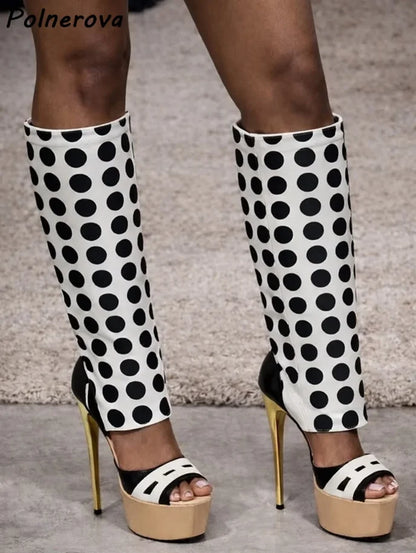 Platform Peep Toe Sandals Boots Patchwork Leather Hollow Fashion Thin Heels Summer Shoes Women's Sexy Mixed Color Shoes 2025
