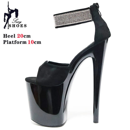 20cm/8inchs High-heeled Sandals Women's Summer Strap Thin Heel Black Sandals Stripper Pole Dance Dress Models Nightclub Shoes
