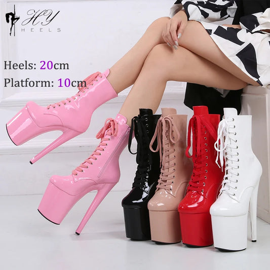 Sexy Pink Patent 8 Inch High Heel Platform Pole Dancing Boots Women Knight Ankle Boot NightClub Stripper Show Shoes