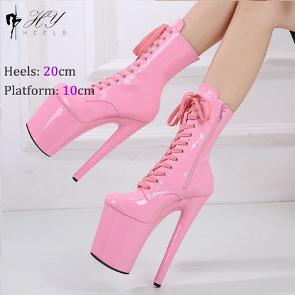 Sexy Pink Patent 8 Inch High Heel Platform Pole Dancing Boots Women Knight Ankle Boot NightClub Stripper Show Shoes