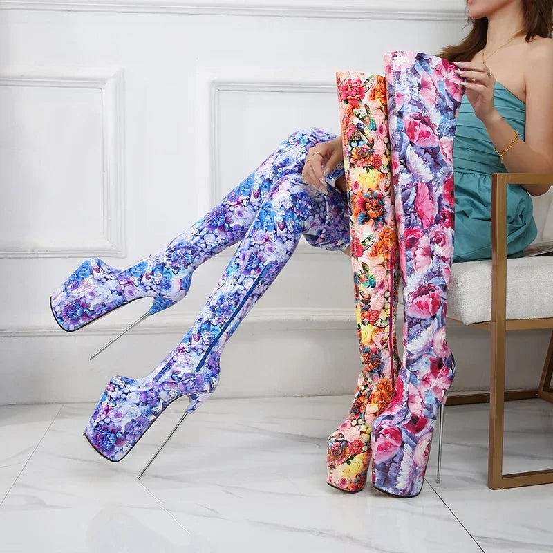 SDTRFT Ladylik SM Shoes Pole Dancing 20cm Thin Heels Stilettos Over The Knee Long Boots Platform Women Pumps Printed Botas Mujer