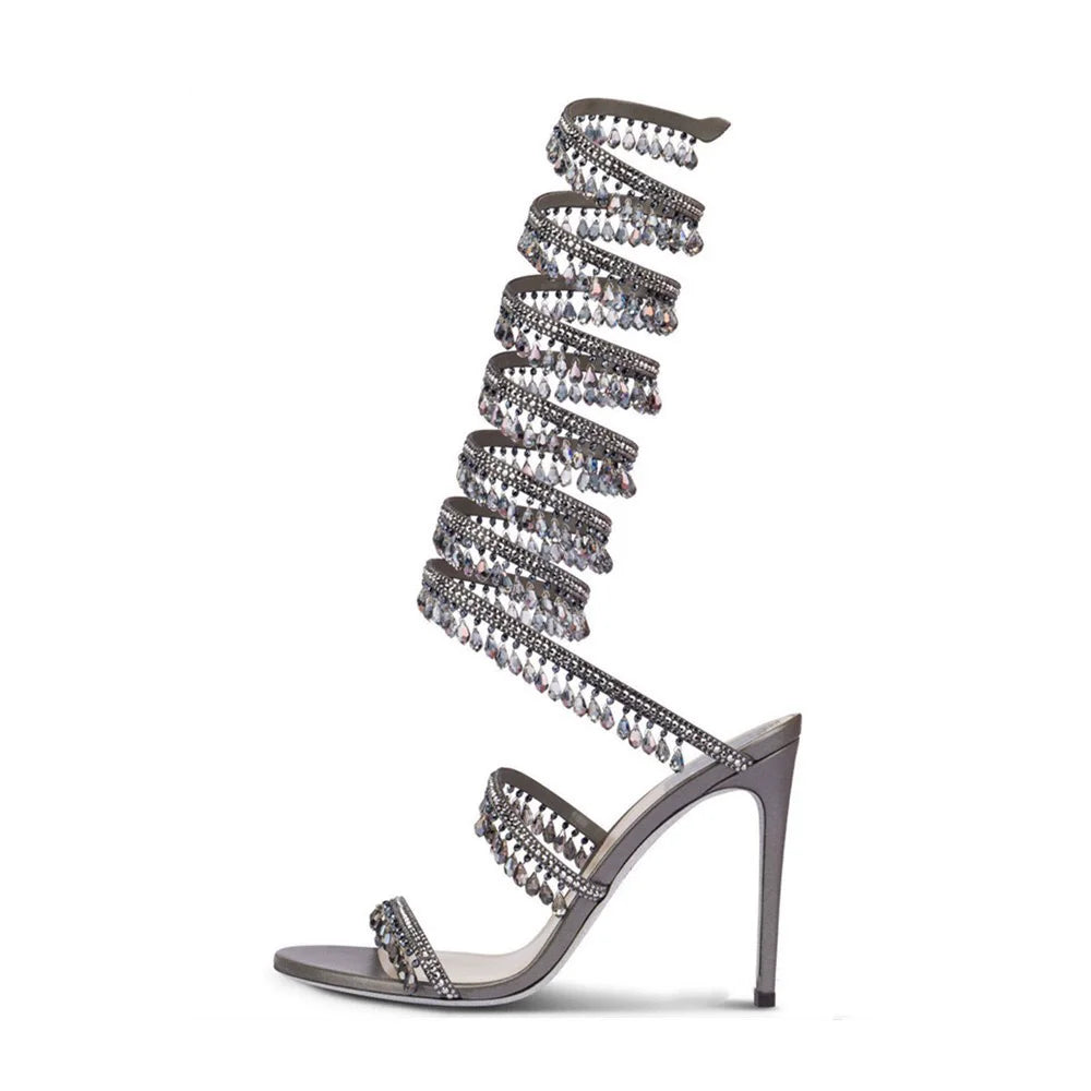 Thin high-heeled sandals summer new snake-shaped wrapped crystal pendant fringed rhinestone shoes banquet large-size women shoes