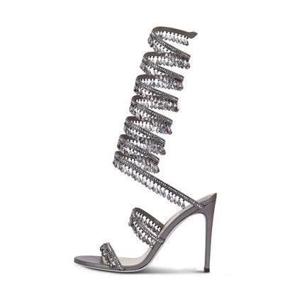 Thin high-heeled sandals summer new snake-shaped wrapped crystal pendant fringed rhinestone shoes banquet large-size women shoes