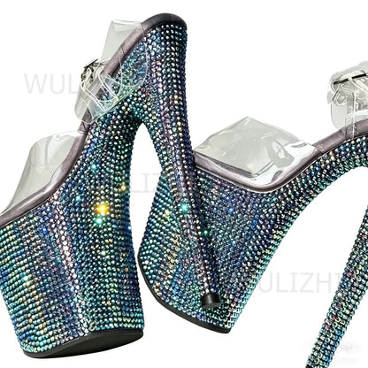 Rose Pink Crystal Diamond Sandals Sparkling Women Blue Jewel Green Yellow Custom Buckle Heels 17cm 7 Inch Open Pole Dancing Shoe