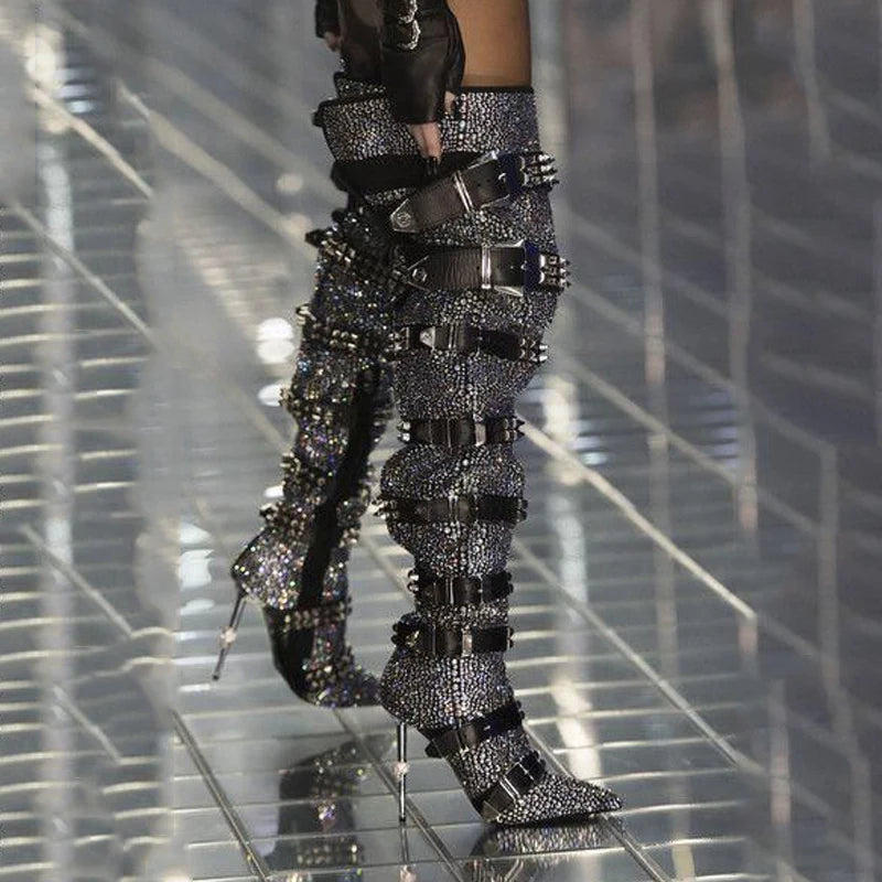 Luxury Crystal Thigh High Boots Women Belt Buckle Design Rhinestones Over The Knee Boots Sexy Pointed Toe Bling Bling Shoes