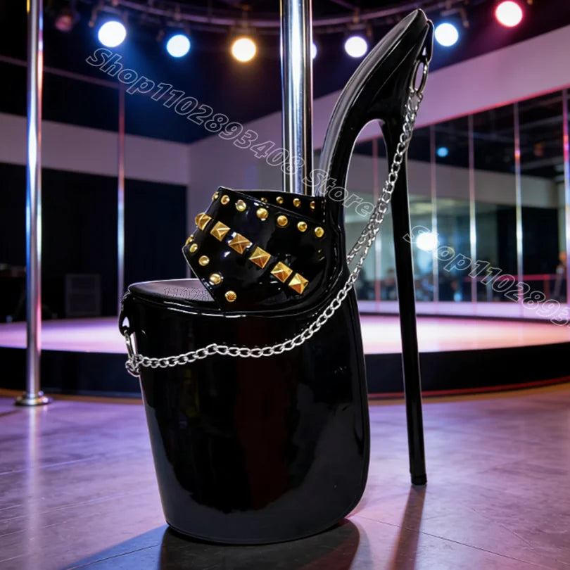 Black Rivet Chain Decor Sexy Slippers Patent Leather Open Toe Summer British Style Women Party Dress Shoes Zapatos Para Mujere
