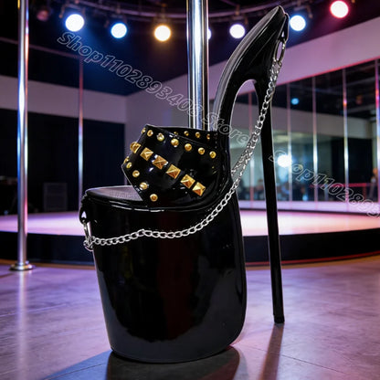Black Rivet Chain Decor Sexy Slippers Patent Leather Open Toe Summer British Style Women Party Dress Shoes Zapatos Para Mujere