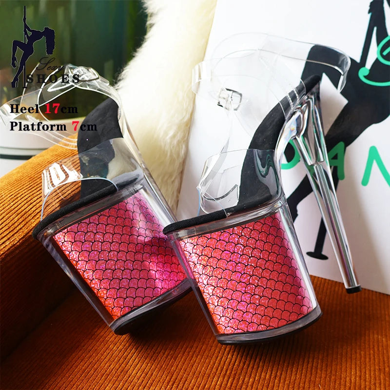 High-quality 17CM/7inches Women Sandals Stripper High Heel Shoes Transparent Platform Glitter Stiletto Pole Dance Shoes Wedding - Grande Heels