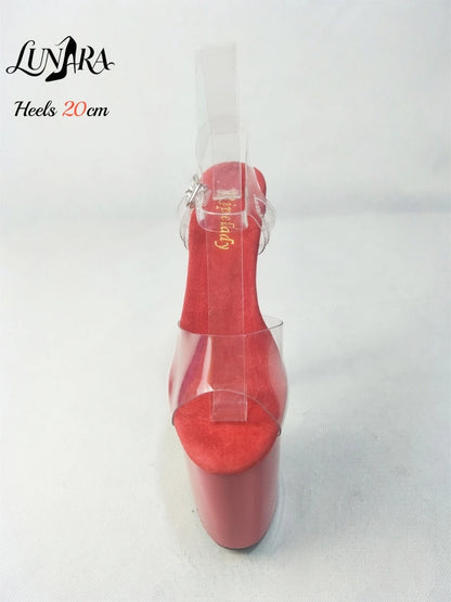 Womens 20cm/8Inch Red Clear Ankle Strap Buckle Open Toe Platform Stilettos Sandals Exotic Stripper shoes Nightclubs Rave Parties