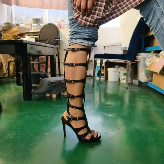 Sexy Black Snake Pattern Leather Hollow Straps Buckles Sandals Open Toe Stiletto Heels Knee High Sandals Boots Women Long Boots
