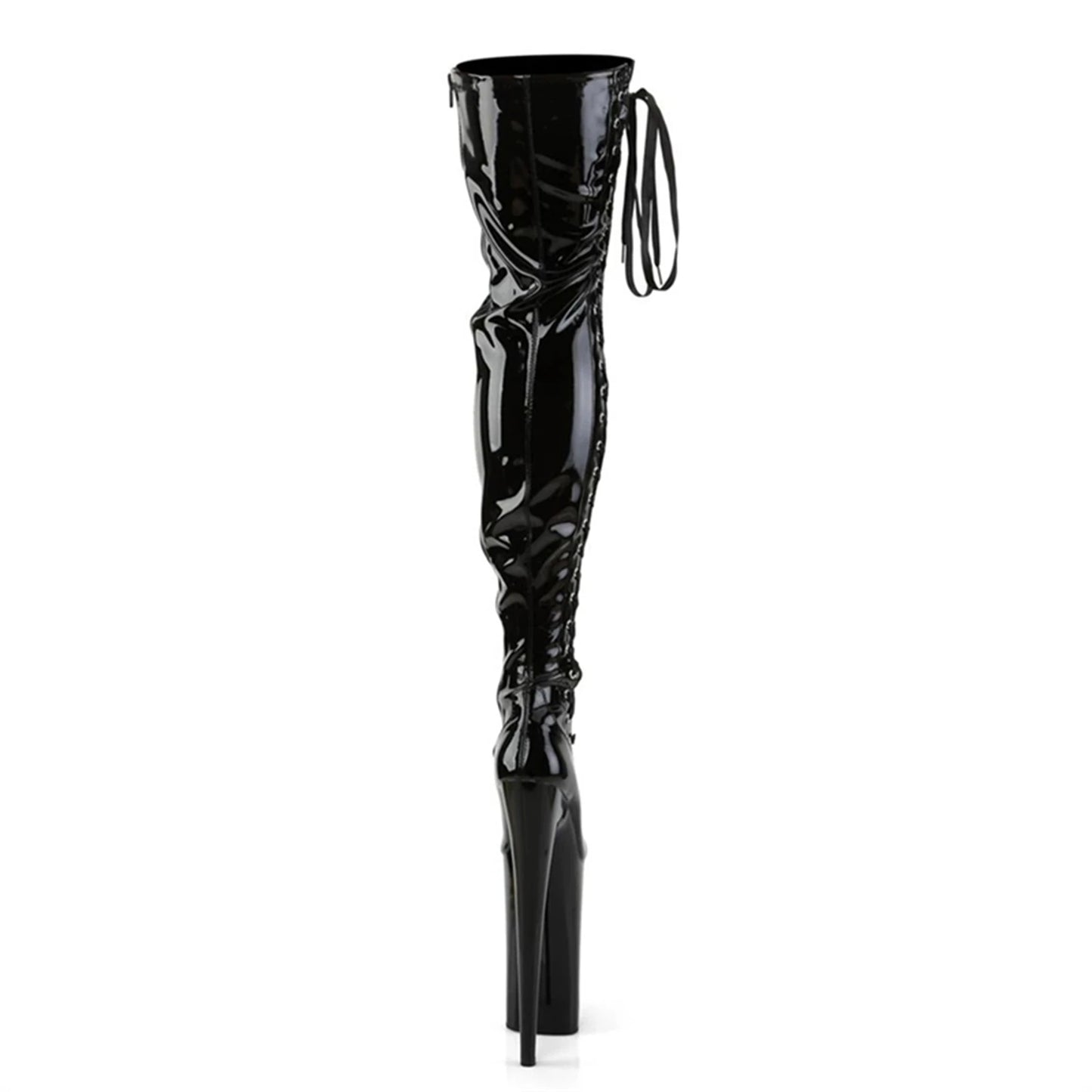 23CM EXTREME HEEL Pole Dance Boots - SHINY Black Patent Leather Over Knee Stiletto with Studded Lace-Up(Professional Stage Wear)
