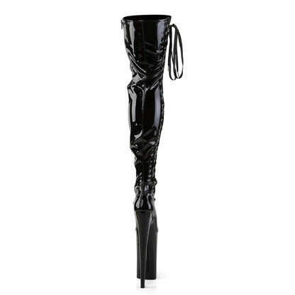 23CM EXTREME HEEL Pole Dance Boots - SHINY Black Patent Leather Over Knee Stiletto with Studded Lace-Up(Professional Stage Wear)