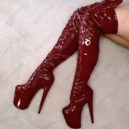 Ronticool New Women Platform Over The Knee Boots Side Zipper Stiletto Heels Round Toe Gorgeous Red Party Shoes US Size 6-12
