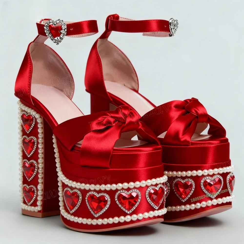 Pink Crystal Heart Decor Platform Pumps Pearl Decor Chunky Heel Round Toe High Shoes for Women Heels Shoes Zapatos Para Mujere