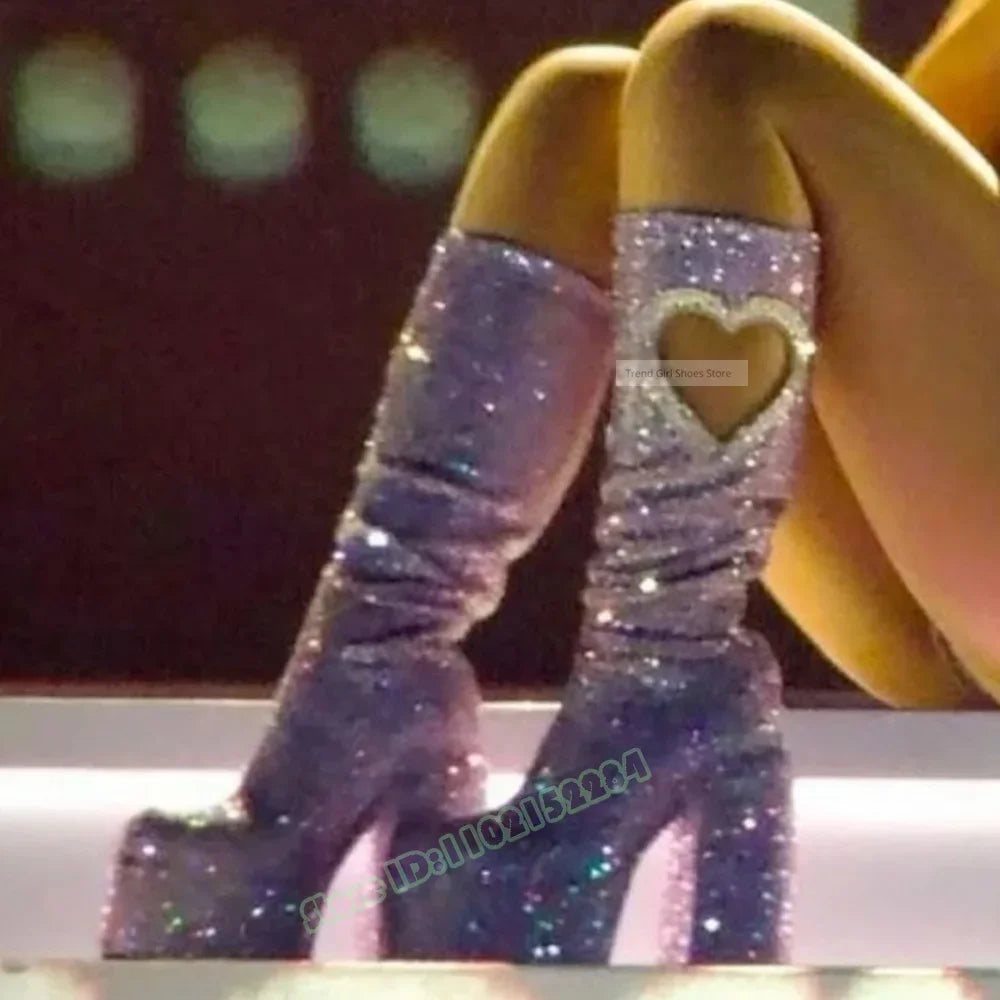 Crystal Bling New Boots Round Toe Thick Sole Platform Knee High Boots Chunky High Heels Sweet Heart Studded Women Sexy Shoes
