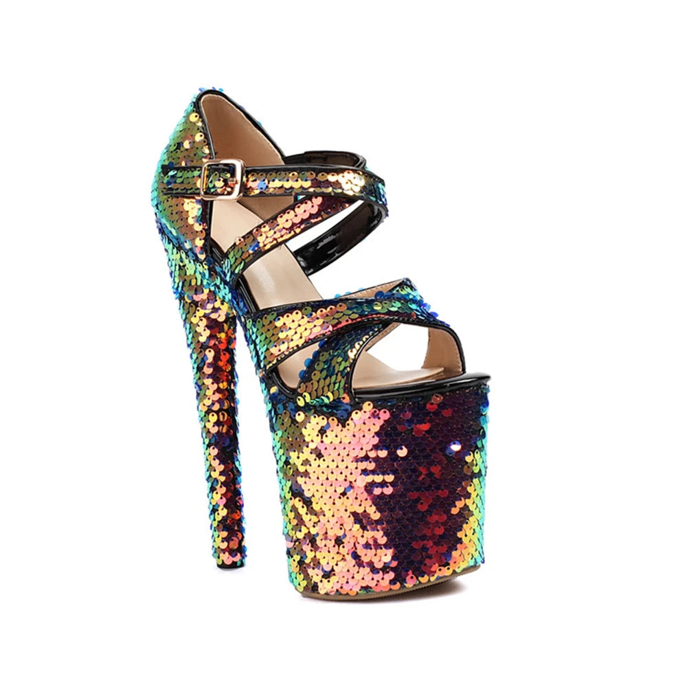 Women Sandals Shine Fine High Heels Open Toe Sexy Party Dress Wedding Shoes Bridal Cross Buckle Dance Platform Sandals 197-3