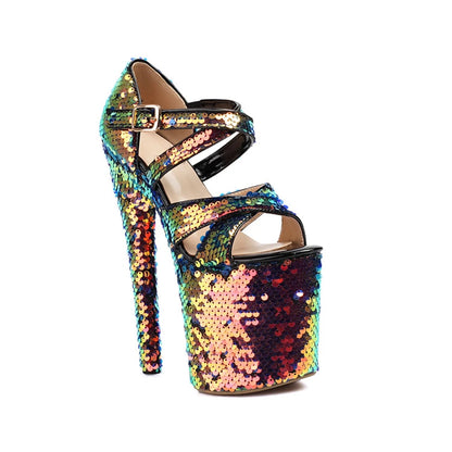Women Sandals Shine Fine High Heels Open Toe Sexy Party Dress Wedding Shoes Bridal Cross Buckle Dance Platform Sandals 197-3