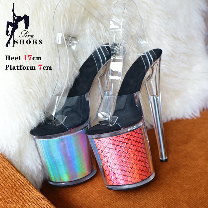 High-quality 17CM/7inches Women Sandals Stripper High Heel Shoes Transparent Platform Glitter Stiletto Pole Dance Shoes Wedding - Grande Heels