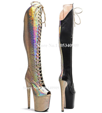 Bondarenko Gold Snakeskin Leather Patchwork Black Stiletto Heel Over Knee High Boots Peep Toe High Platform Thin Heel Dance Shoe