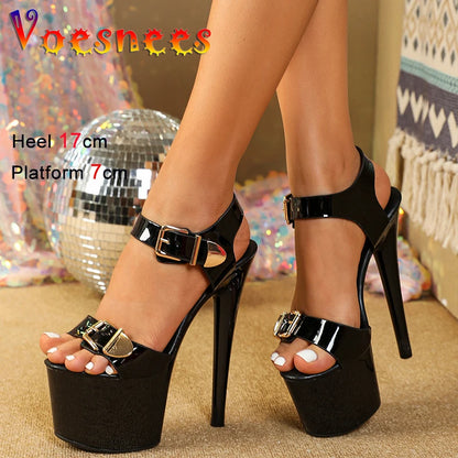 17CM Summer Platform Sandals For Women T-Runway Style High Heels Fashion Buckle Design Stilettos Night Club Pole Dancing Shoes