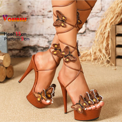 15CM Stiletto Butterfly Lace-up Pole Dance Shoes Women Platform Designer Summer Ankle Strap Party Sandals Summer Stripper Heels