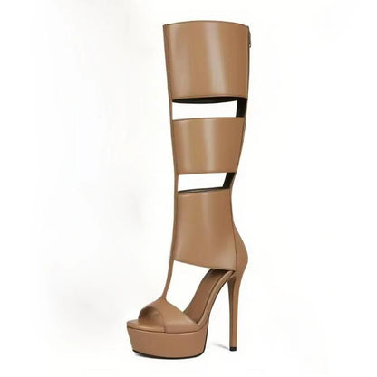 Super Platform Knee Sandal Boots Women Caged Thick T-Strap Gladiator Open Toe Back Zipper Summer Cutout Botas Lady Shoes