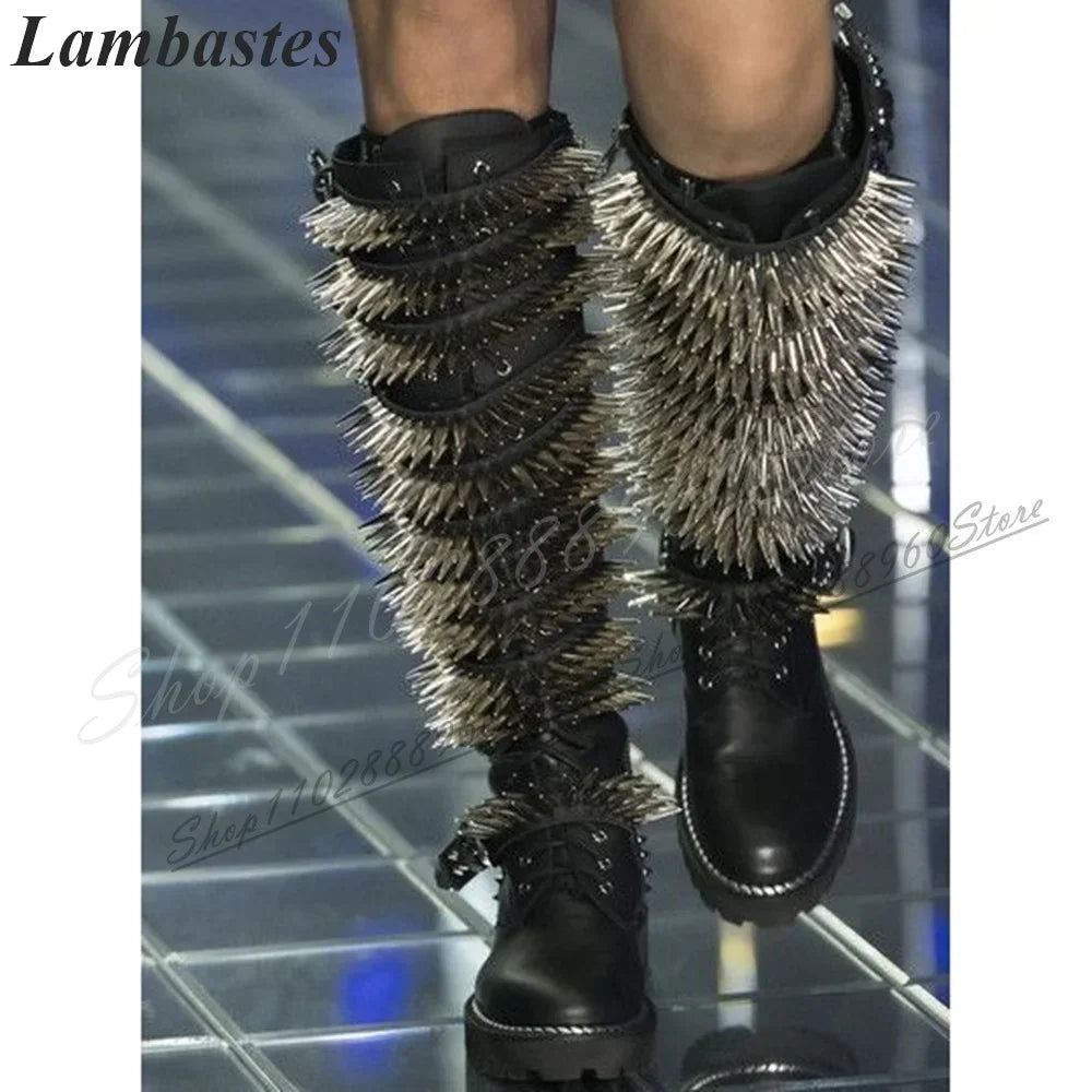 Runway Knee High Black Cross Tied Rivet Boots Flat With Shoes For Women Side Zipper Round Toe 2024 Fashionable Zapatillas Mujer