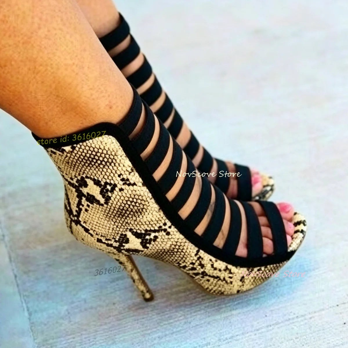 Open Toe Snake Pattern Ankle Boots Cutouts Sandals Booties Stiletto High Heels Strappy Shallow Sandals Sewing Summer Single Shoe