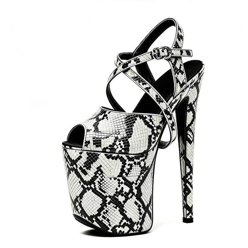 2026 Summer Sexy Runway Shoes Peep Toe Snakeskin Pattern Sandals For Woman 20CM Super High Thin Heels Nightclub Platform Sandals