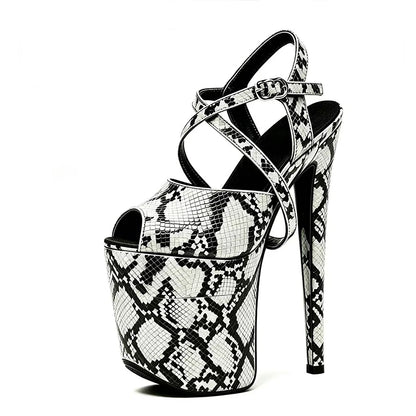 2026 Summer Sexy Runway Shoes Peep Toe Snakeskin Pattern Sandals For Woman 20CM Super High Thin Heels Nightclub Platform Sandals