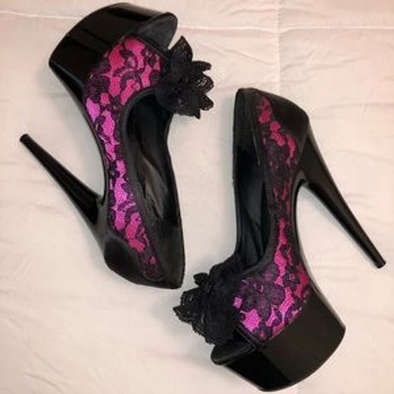 Black Rose Pink Color-Block Lace Platform Peep Toe Stiletto Pumps Woman Summer 2026 Bow Slip-On High Heel Banquet Women's Shoes